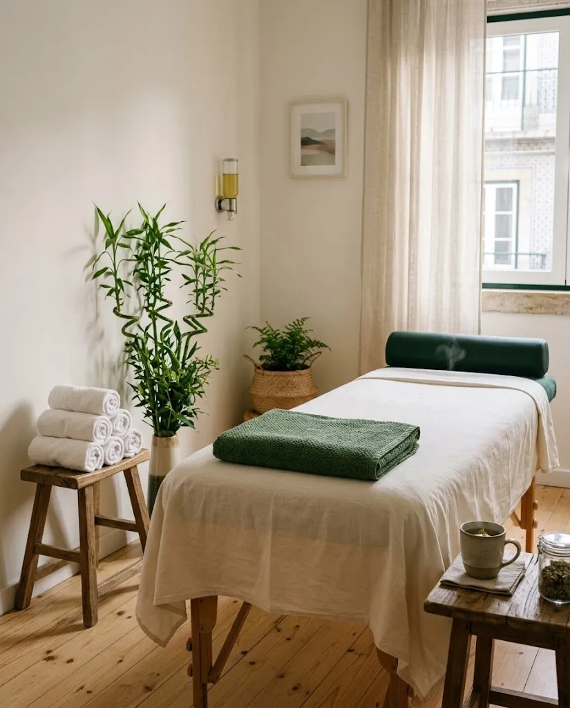 Sala de tratamento da Bamboo: marquesa, toalhas dobradas e bambu numa jarra