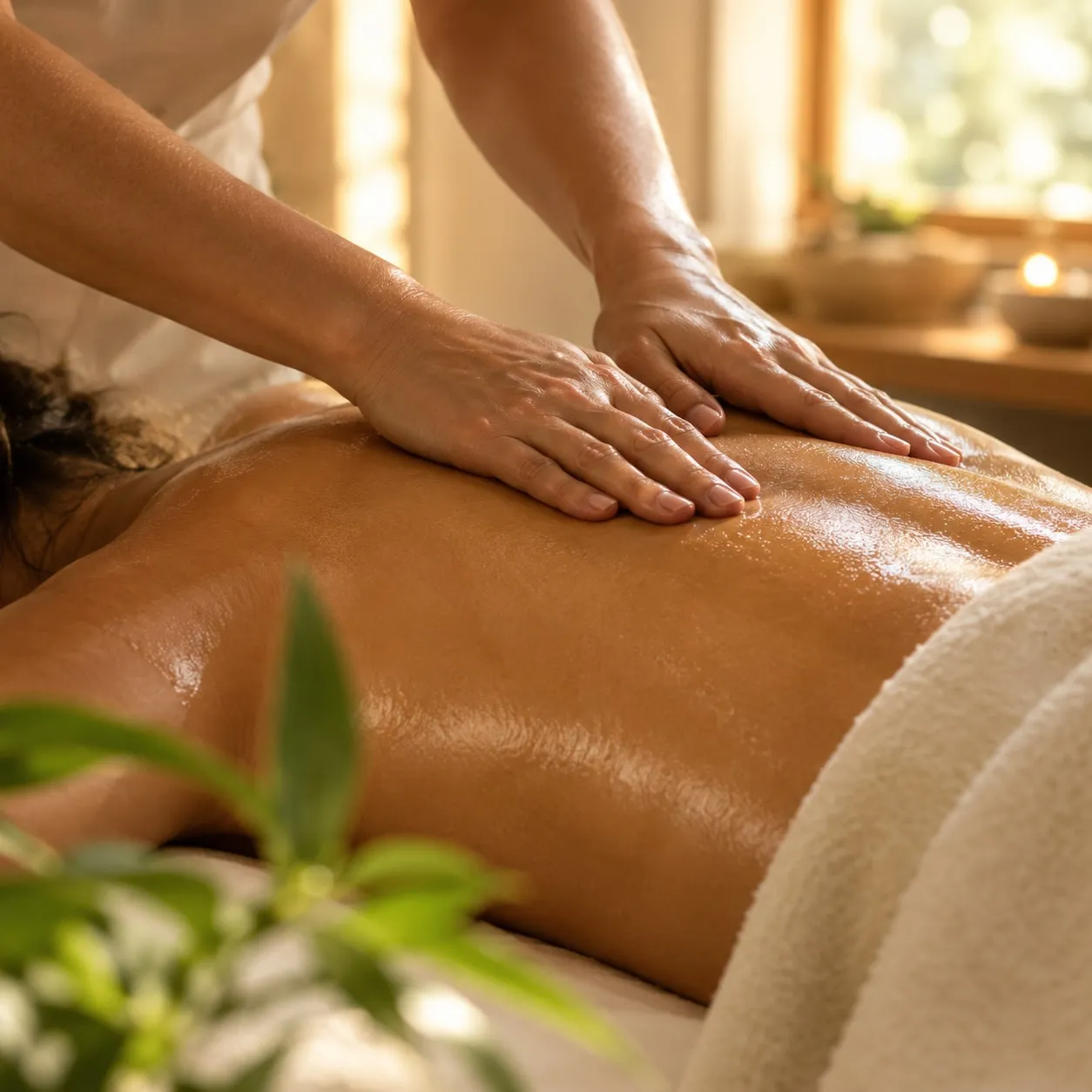 Mãos a fazer uma massagem às costas com óleo morno
