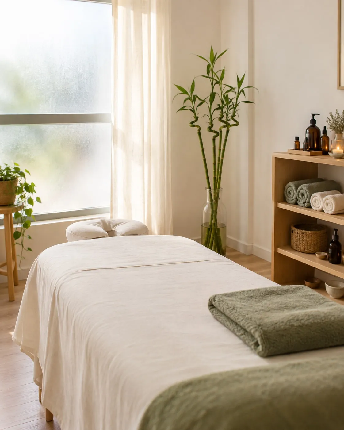 Sala de tratamento tranquila com caules de bambu e luz suave