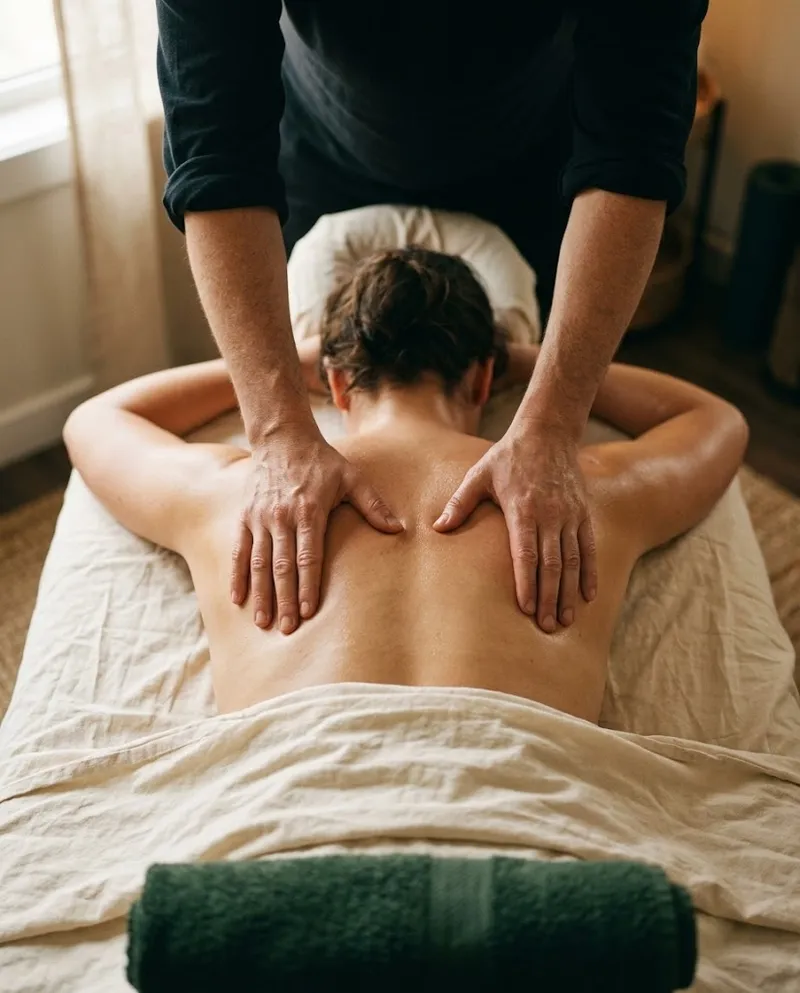Mãos da terapeuta a trabalhar os ombros de uma cliente
